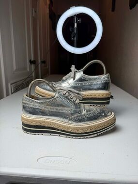 PRADA Platform Derby Dress Shoes Silver Chrome -  US 7 / EU 37